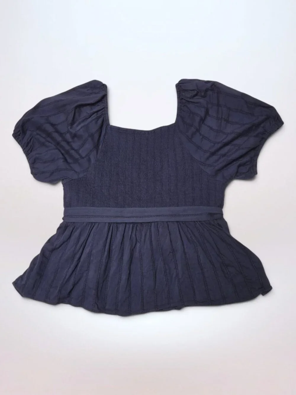 Old Navy Navy Blue Puff-Sleeve Smocked Dobby-Stripe Wrap Blouse (Size 3X)